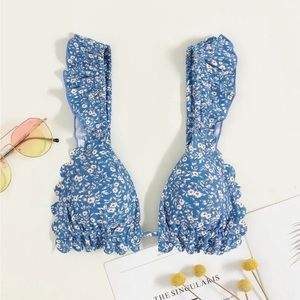 Floral print ruffle trim bikini top